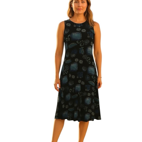 Vintage Dresses & Skirts - Vintage 90s Black Printed Tank Midi Dress Slinky Lightweight Resortwear
